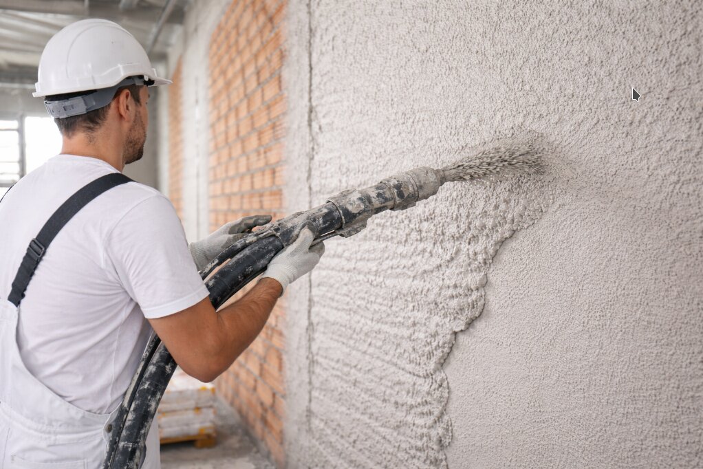 Mašinsko malterisanje zida — radnik nanosi malter mašinom